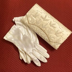 Vintage Ivory Satin Clutch Purse and gloves